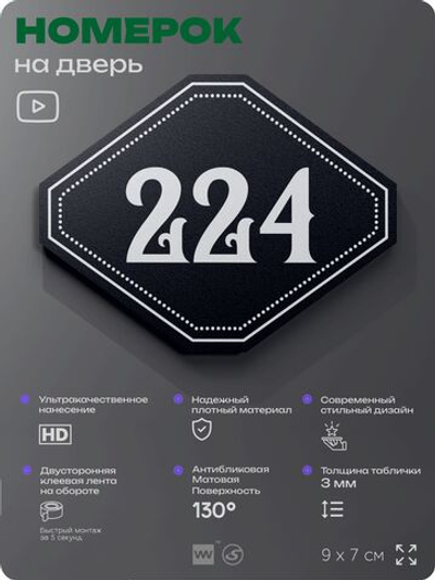 Номерок на дверь квартиры 224, для кабинета, офиса, шильдик 9 х 7 см, черный, Айдентика Технолоджи