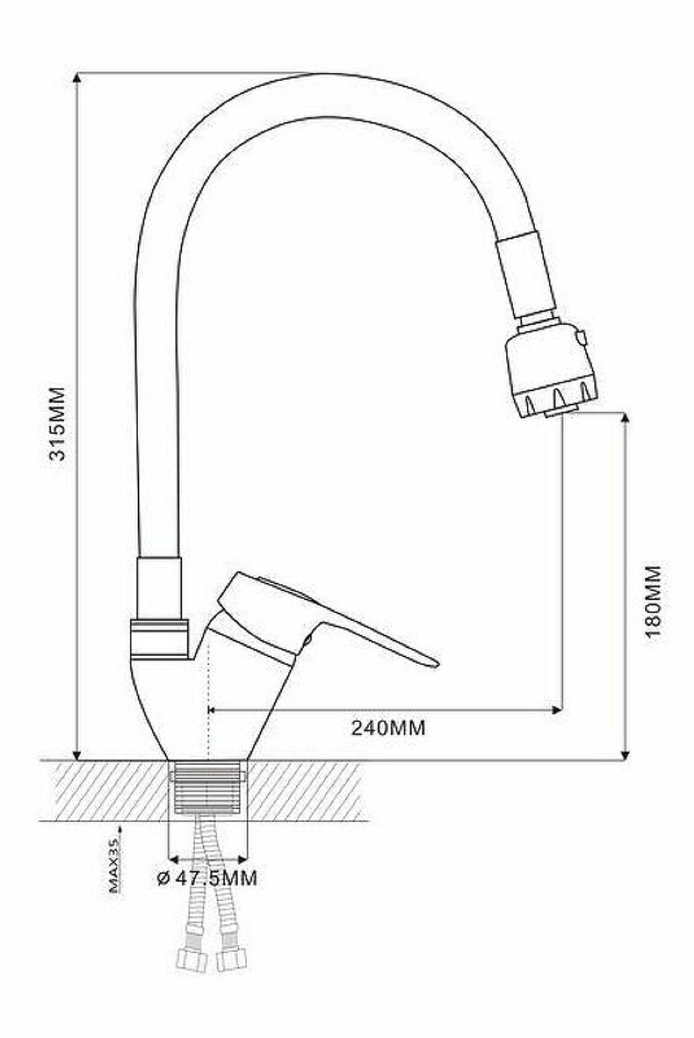 СМЕСИТЕЛЬ EKKO ДЛЯ КУХНИ ГИБКИЙ ИЗЛИВ 2 РЕЖИМА С ГАЙКОЙ E4105+E65 ЧЁРНЫЙ