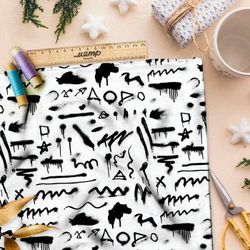 Ткань премиум шелк искусственный Армани черно-белые петроглифы