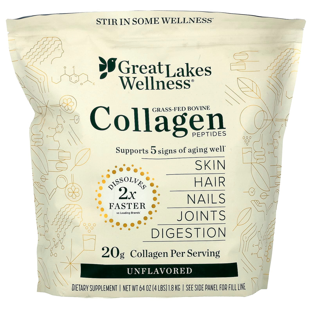 Great Lakes Wellness, Пептиды бычьего коллагена от травяного откорма, без добавок, 1,8 кг (64 унции)