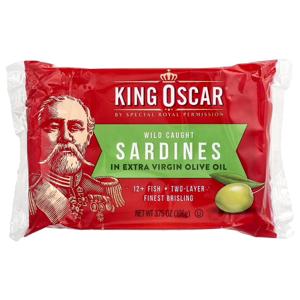 King Oscar, сардины дикого улова в нерафинированном оливковом масле высшего качества, для двух слоев, 106 г (3,75 унции)