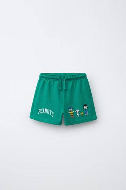 ZARA ШОРТЫ ИЗ МЯГКОЙ ТКАНИ С ВЫШИВКОЙ SNOOPY PEANUTS™, ЗЕЛЕНЫЙ
