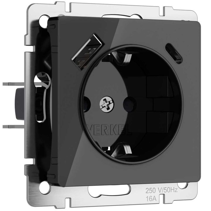 Розетка Werkel с заземлением, шторками и USB тип A+C (черный акрил) W1171748 4690389197741