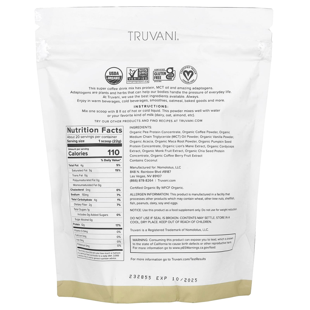 Truvani, Protein + Energy, ванильный латте, 450 г (15,87 унции)
