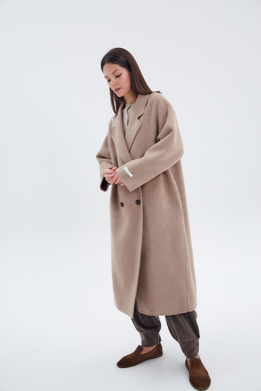 Пальто двубортное из смесовой шерсти альпаки перламутровый/бежевый