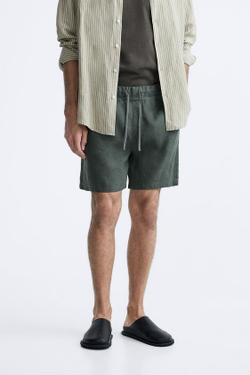 ZARA ШОРТЫ ИЗ ХЛОПКА И ЛЬНА, ЗЕЛЕНЫЙ