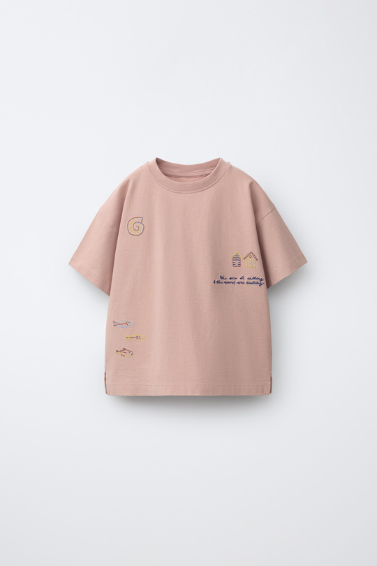 ZARA ФУТБОЛКА С ВЫШИВКОЙ, ПУДРОВЫЙ