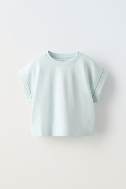 ZARA ФУТБОЛКА С ОТВОРОТАМИ НА РУКАВАХ, ЗЕЛЕНОВАТО-СИНИЙ