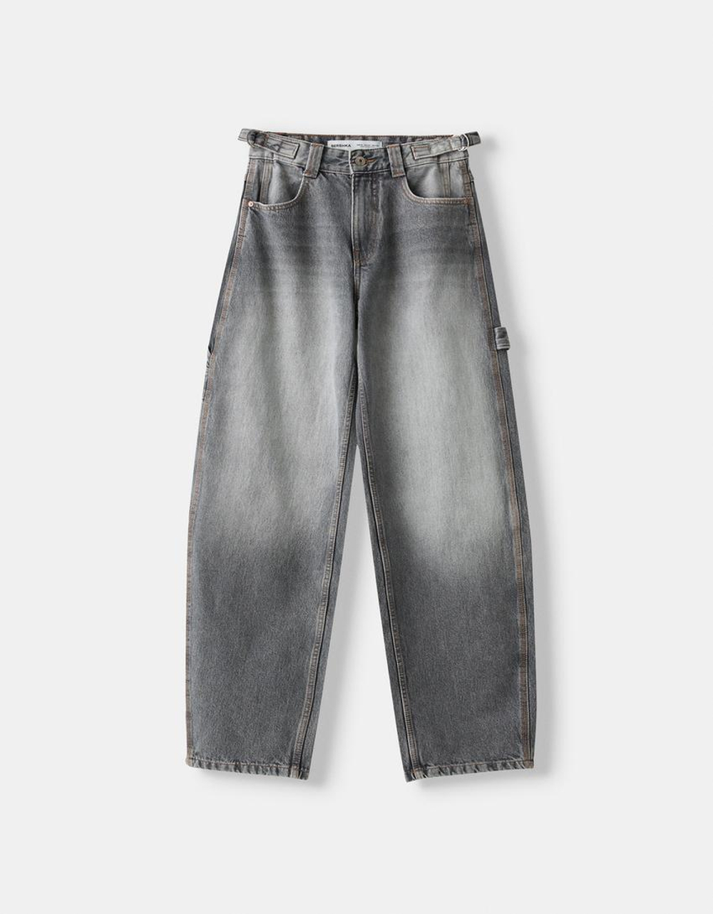 BERSHKA ДЖИНСЫ BALLOON FIT, СЕРЫЙ