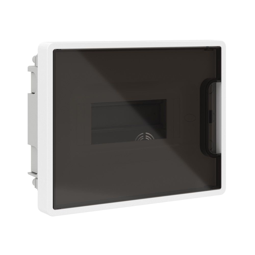 Щиток 8 мод встраиваемый для полых стен FRAME, белый, с тонированнойдверцей, с 2 шин. PEN на 8 и 6 отв.