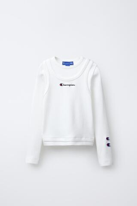 ZARA X CHAMPION ФУТБОЛКА В РУБЧИК С НАДПИСЬЮ, БЕЛЫЙ