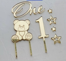 Топперы акриловые "Набор с мишкой" золото.