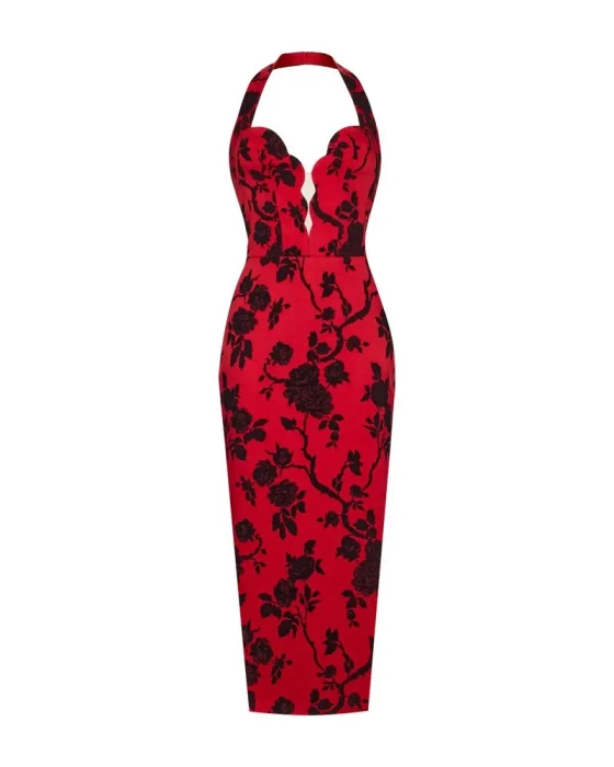 Платье миди с вырезом из жаккарда с цветами