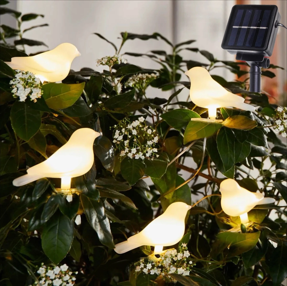 Гирлянда для улицы «Птица» 2м, 10ламп LED чёрный провод, 2 реж, IP-55, Теплый белый (солнечная батарея).