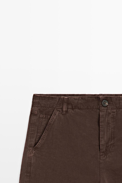 Massimo Dutti Брюки из смесовой льняной ткани с декоративной строчкой, шоколадный