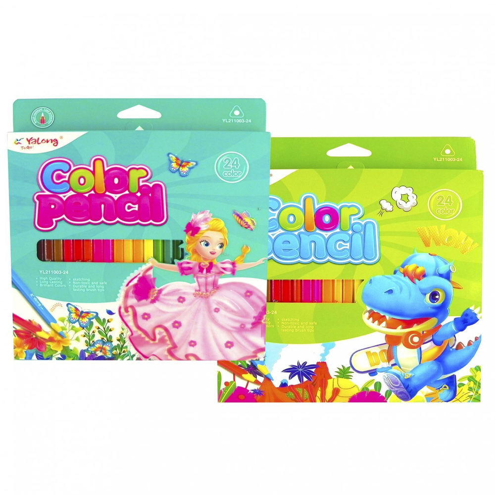 Карандаши цветные Yalong 24 цв., "Softness" (принцесса, дино, машина) деревянные, трехгранные, заточенные, грифель 3.0 мм, картон. уп., европодвес