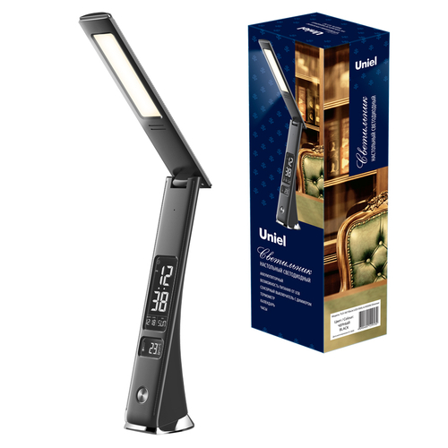TLD-567 Black/LED/300Lm/4500K/Dimmer Светильник настольный c часами, календарем, термометром, 6W. Встроенный аккумулятор 2000mAh. Сенсорный выключател