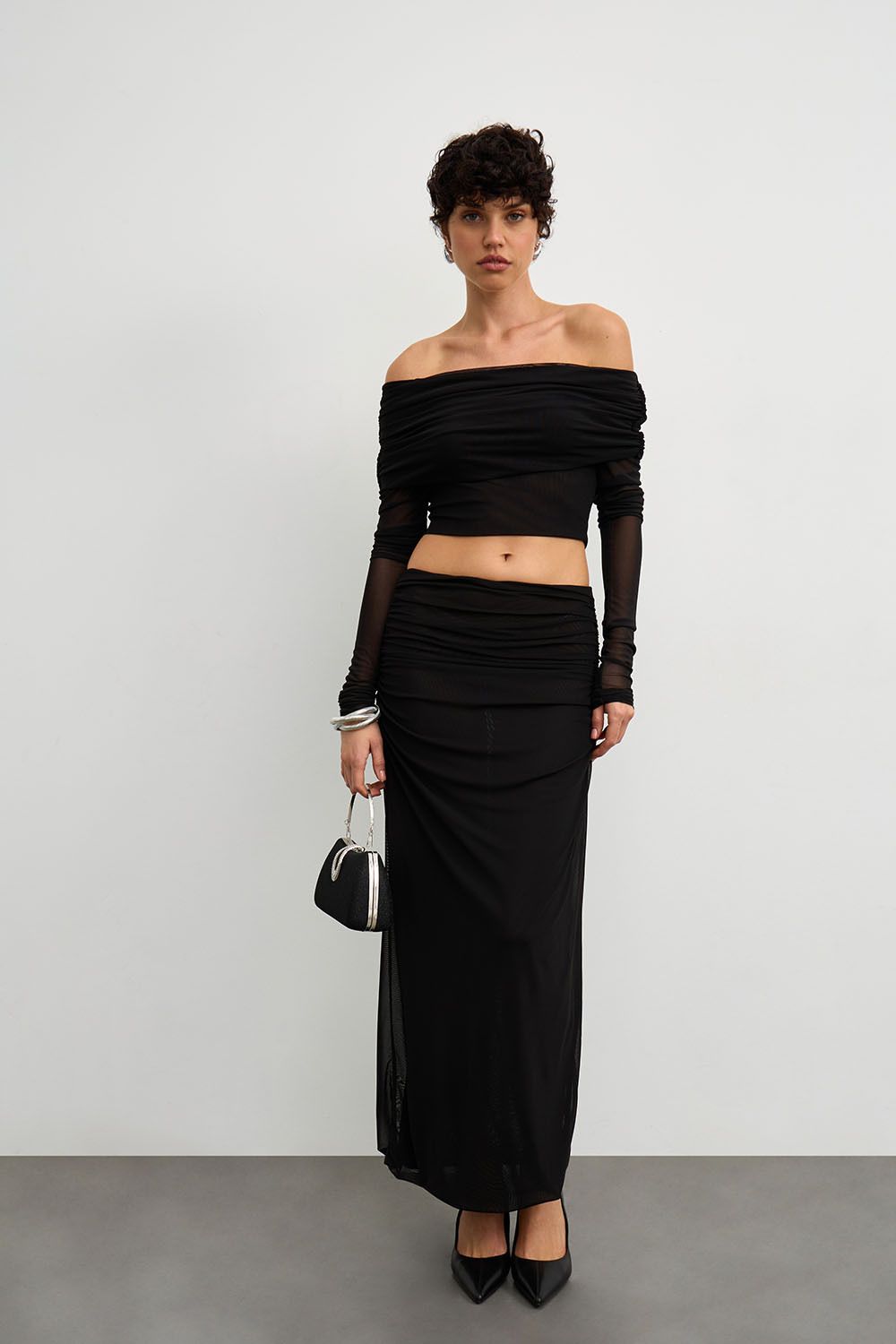 Юбка макси из сетки стрейч черного цвета