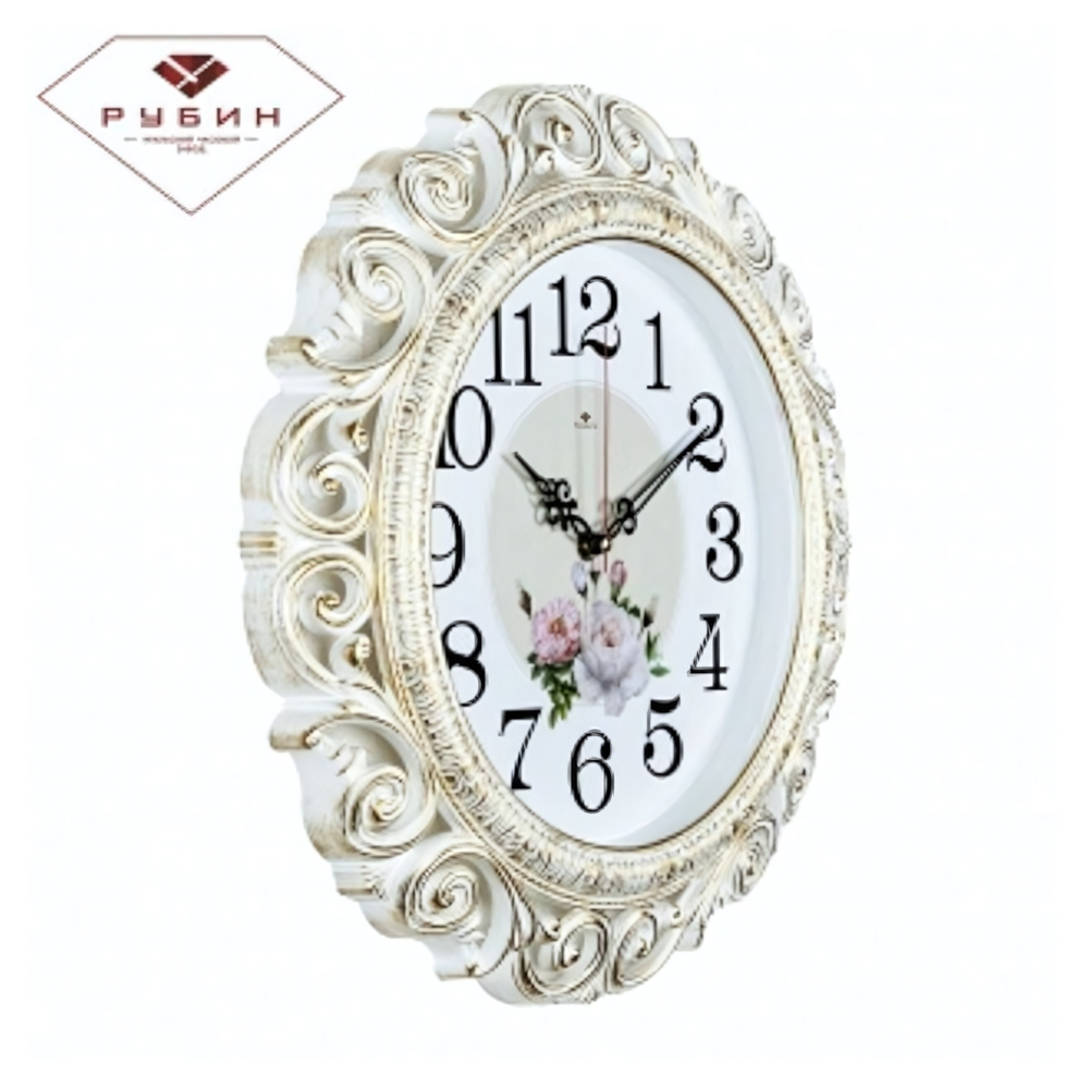 4126-003 Часы настенные круг ажурный d=40,5см, корпус белый с золотом "Нежные пионы" "Рубин"