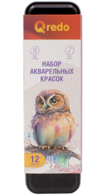 Акварель сухая Qredo, 12 цветов, губка и кисть с резервуаром для воды в наборе, металлическая коробка