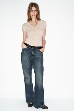 ZARA ФУТБОЛКА С V-ОБРАЗНЫМ ВЫРЕЗОМ, КАМЕННО-СЕРЫЙ