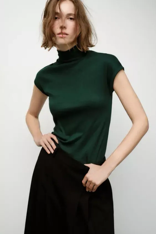 ZARA ТОП В РУБЧИК С ВОРОТНИКОМ-СТОЙКОЙ, БУТЫЛОЧНО-ЗЕЛЕНЫЙ