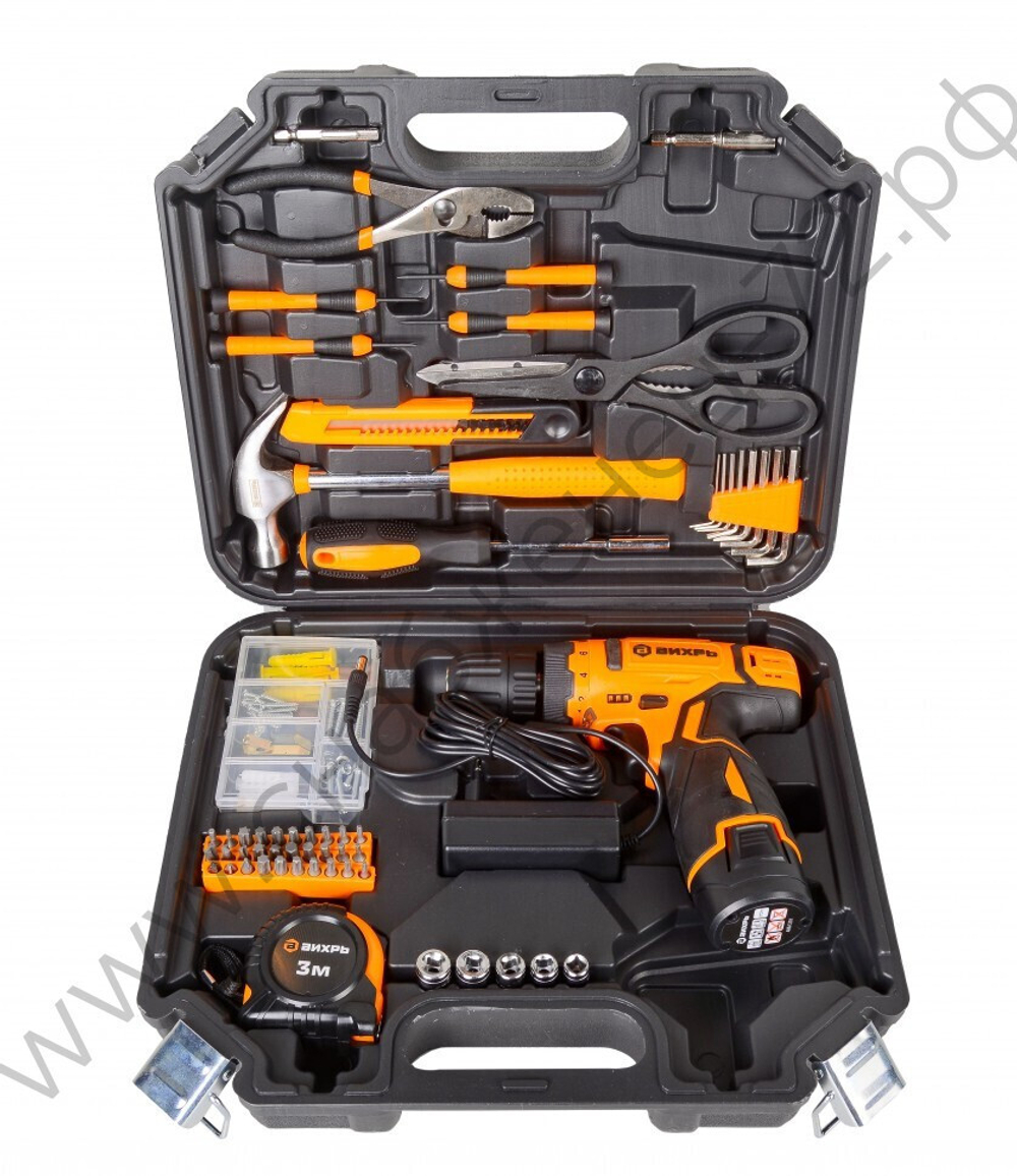 Дрель-шуруповерт аккумуляторная Вихрь ДА-12Л-2КН с набором инструментов