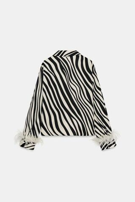 ZARA РУБАШКА С АНИМАЛИСТИЧЕСКИМ ПРИНТОМ И ПЕРЬЯМИ, ЧЕРНЫЙ/ЭКРЮ