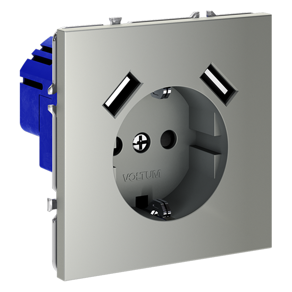Розетка встраиваемая VOLTUM S70 с заземлением и защитными шторками, 16А, с USB, A+A, (сталь)