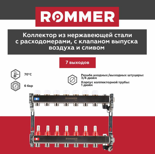 Коллекторная группа ROMMER 7 выходов нержавеющая сталь с расходомерами RMS-1201-000007