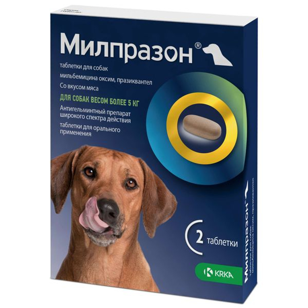 Милпразон таблетки для собак более 5кг (12,5мг/125мг), антигильминтные, упак. 2 таблетки