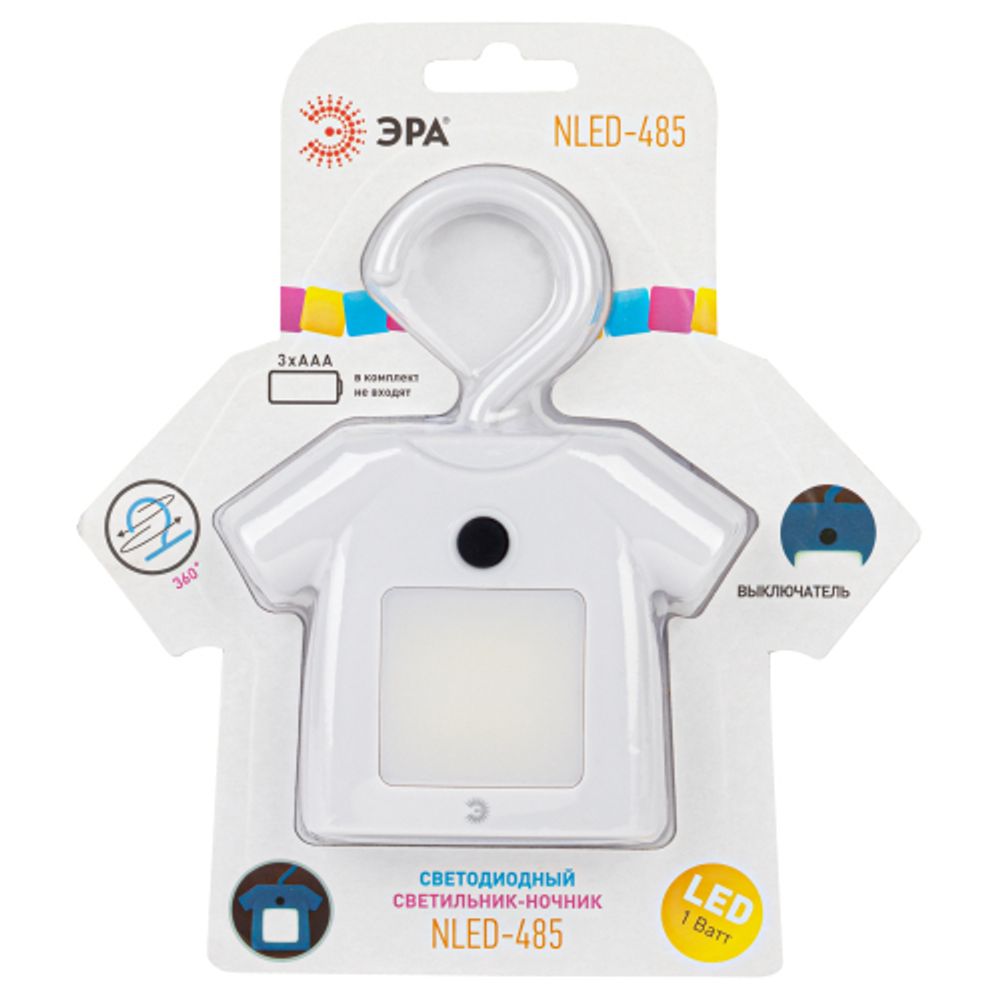 Ночник - светильник светодиодный ЭРА NLED-485-1W-SW-W на батарейках с выключателем белый | Ночники