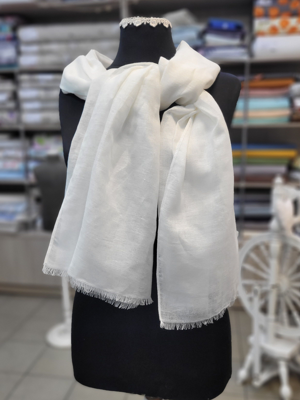 Шарф из льняной белой вуали, лёгкий, 160х50 см