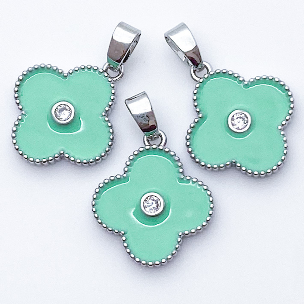 Подвеска Клевер, цвет серебро+мятный, размер 16*14 мм, цена за 1 шт
