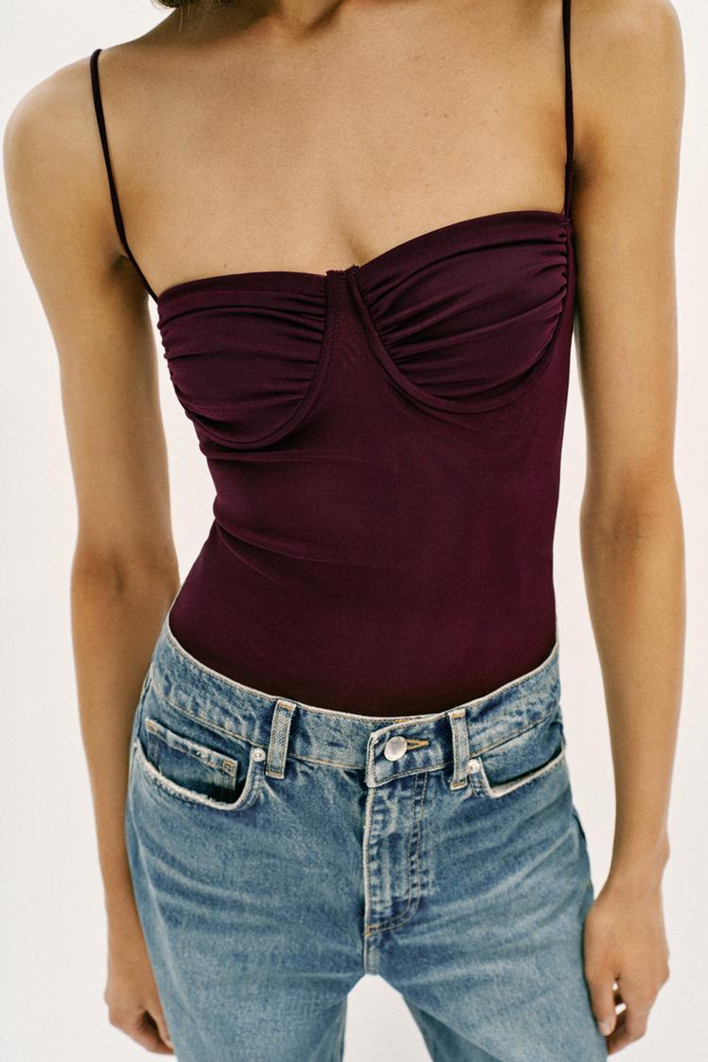 ZARA БОДИ СО СБОРКАМИ, ТЕМНО-БАКЛАЖАНОВЫЙ