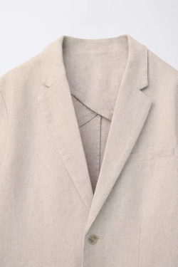 ZARA КОСТЮМНЫЙ ПИДЖАК ИЗ ХЛОПКА И ЛЬНА, СВЕТЛО-БЕЖЕВЫЙ