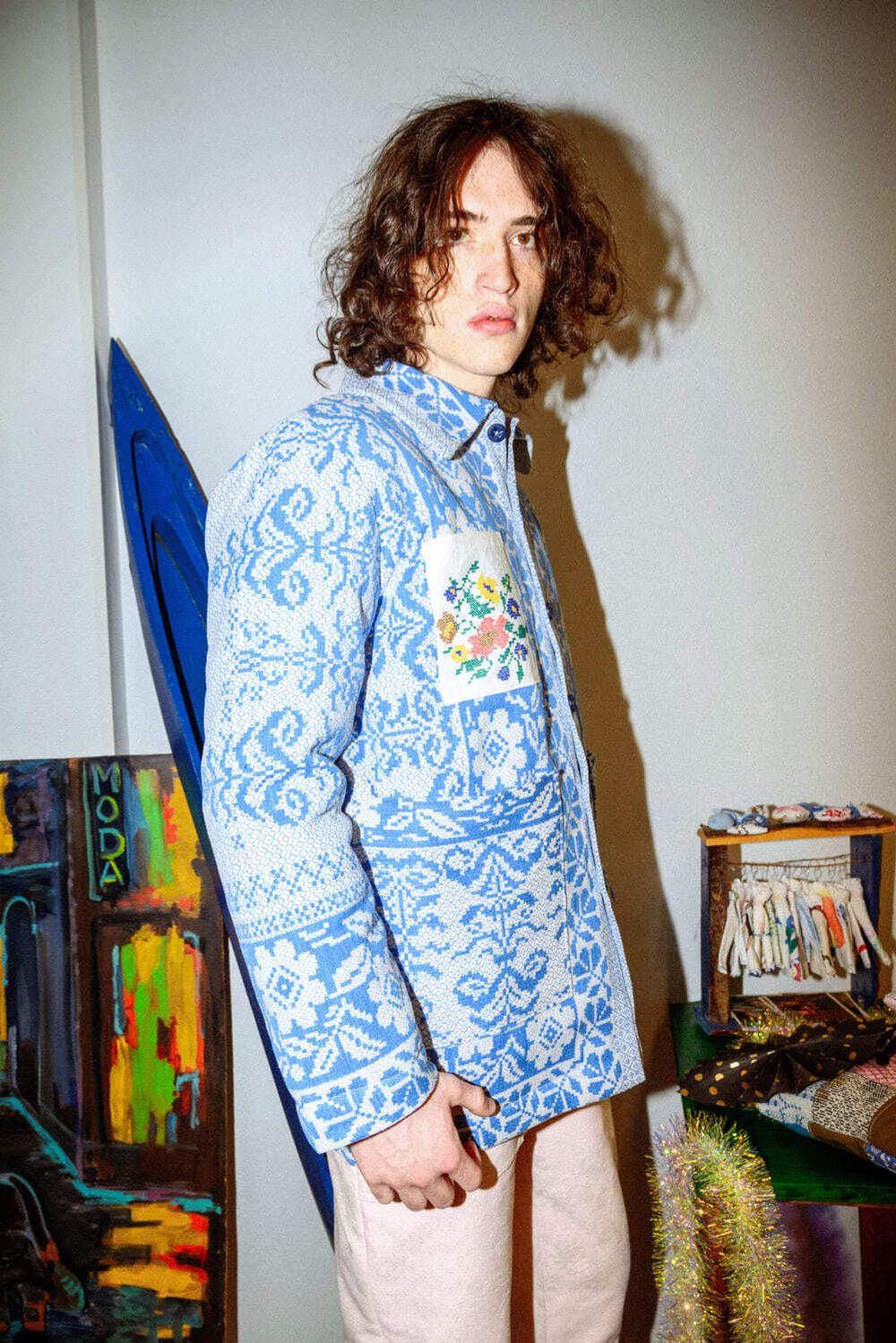 Куртка Soeurs с Вышивкой на Кармане / White-Blue Jacket бело-синяя