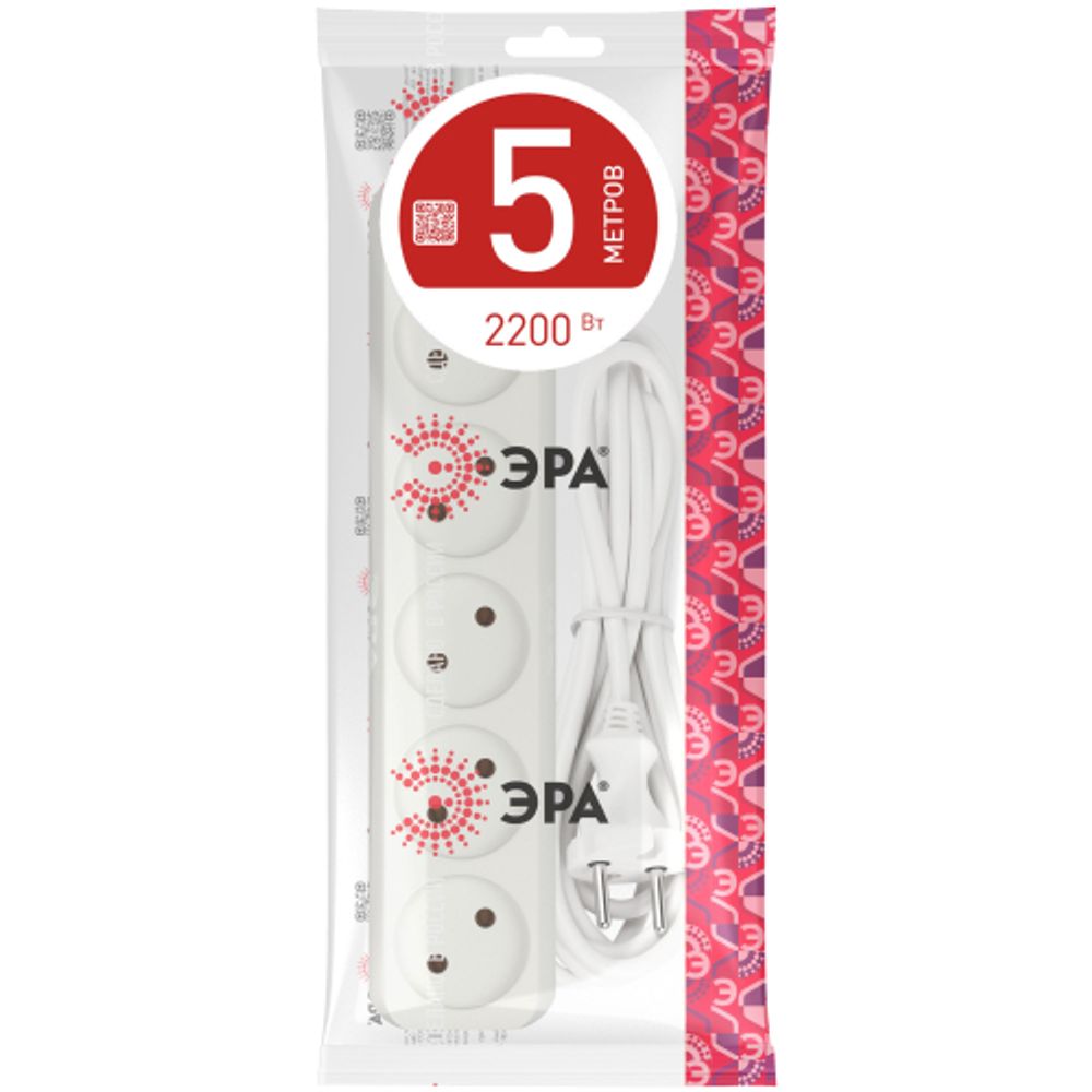 Удлинитель электрический ЭРА U-5-5m-2x1 без заземления 5 розеток 5м ПВС 2x1мм2 10А | Бытовые удлинители