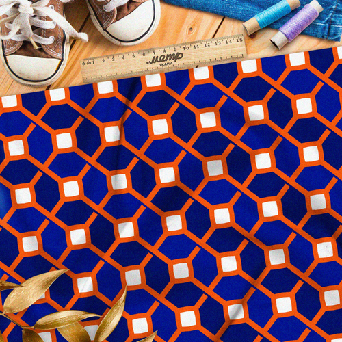 Ткань флис синий графичный узор с оранжевыми полосами