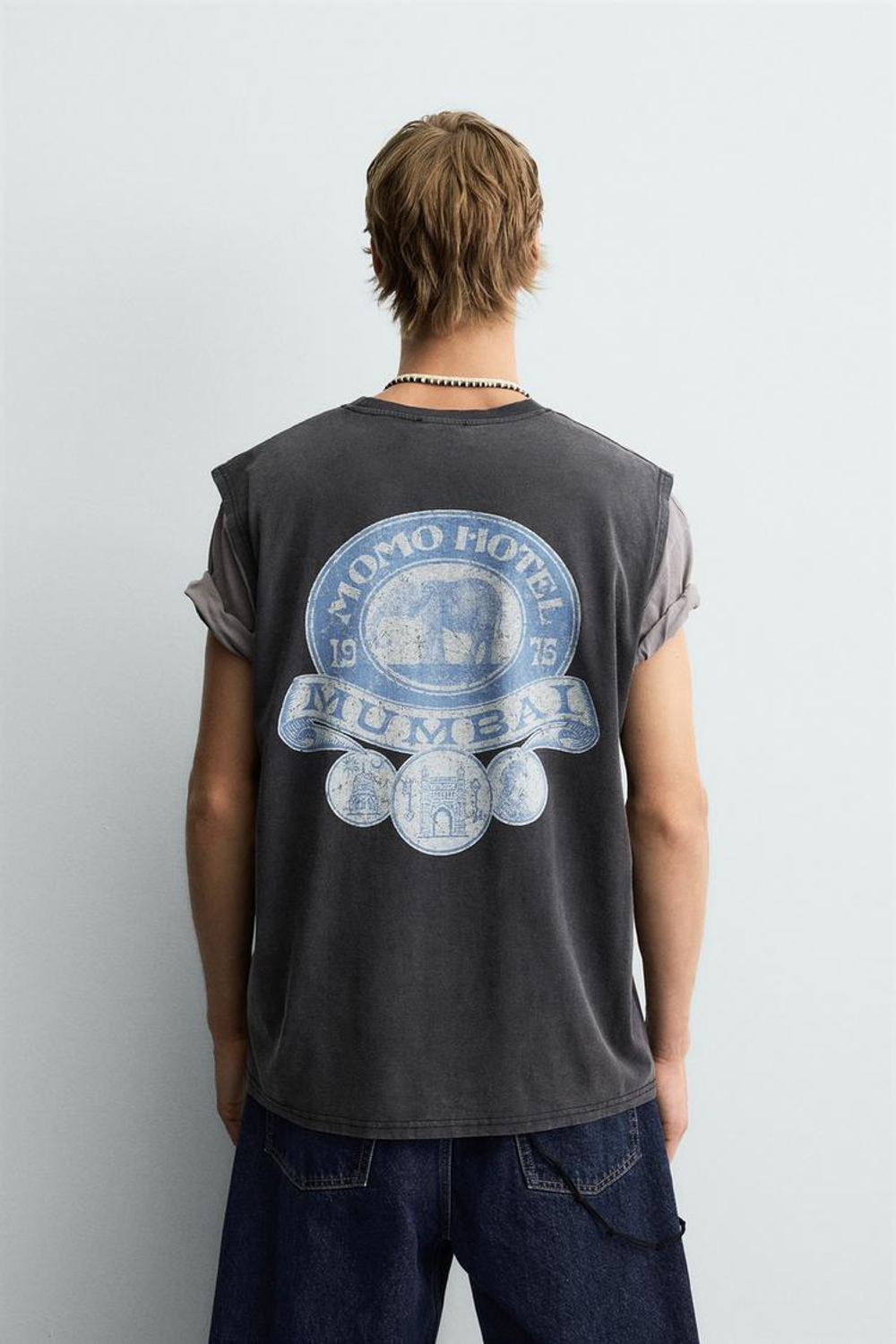 ZARA МАЙКА С ЭФФЕКТОМ ПОТЕРТОСТИ С ПРИНТОМ, АНТРАЦИТОВО-СЕРЫЙ