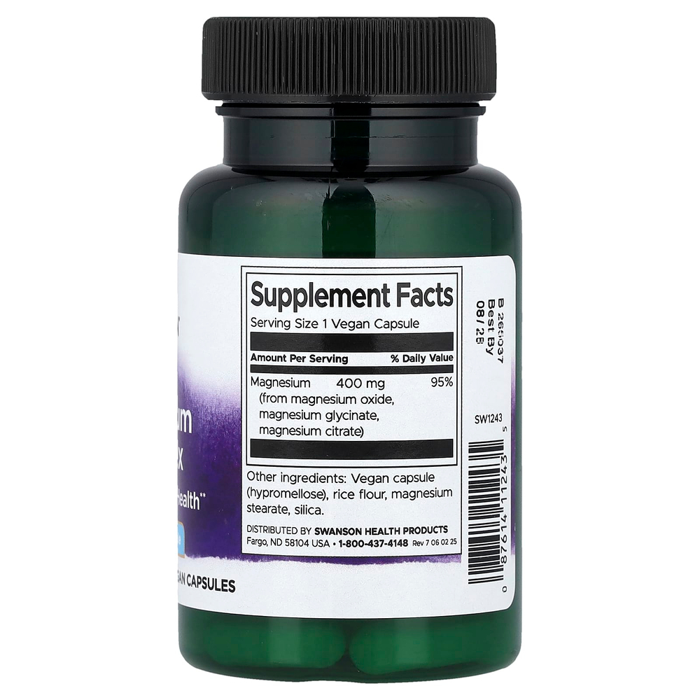 Swanson Vitamins, комплекс с тремя формами магния, 400 мг, 30 веганских капсул
