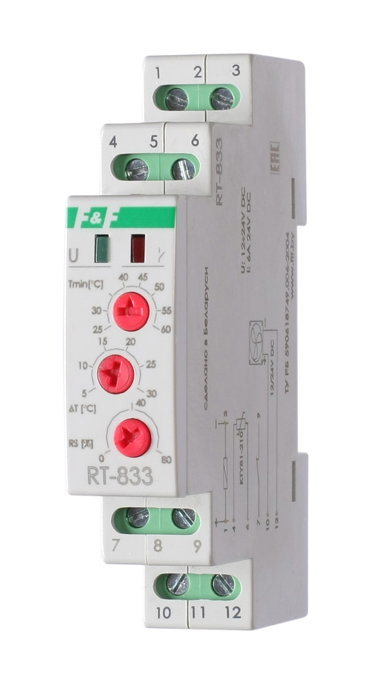 Реле контроля температуры RT-833 12-24В DC 8А 1 NO/NC IP20 (для управления скоростью вращения вентилятора; от +25 до +60град.C выносн. датчик)