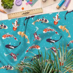 Ткань поплин японские карпы на бирюзовом фоне