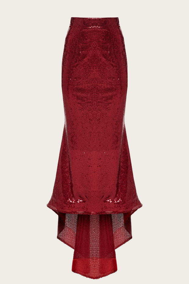 Бордовая юбка в пайетках со шлейфом