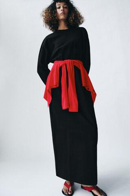 ZARA ДЛИННОЕ ХЛОПКОВОЕ ПЛАТЬЕ, ЧЕРНЫЙ