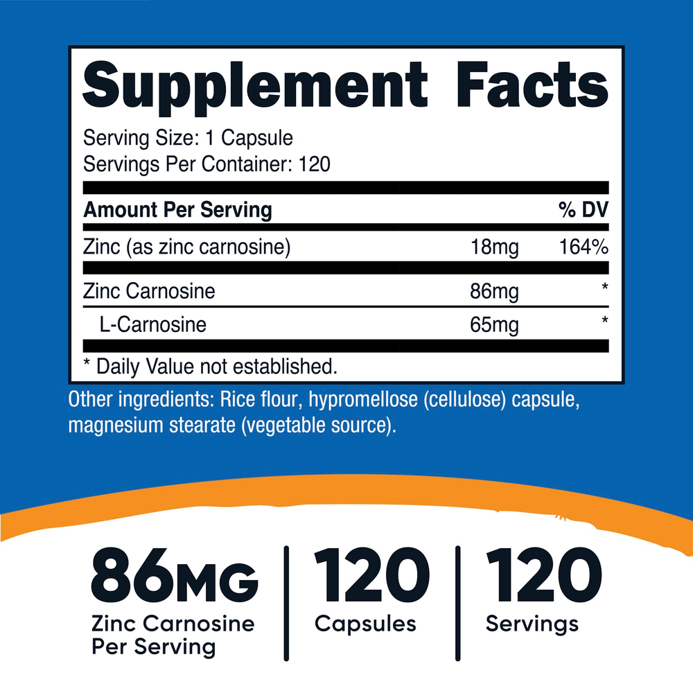 Nutricost, цинк карнозин, 120 капсул