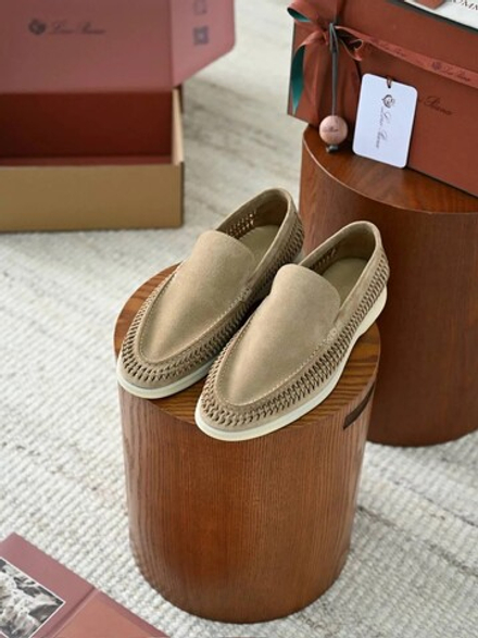 Темно-бежевые лоферы Loro Piana Summer Walk с плетением по периметру