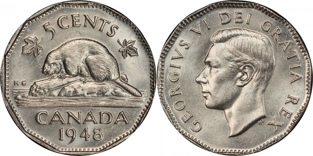 Канада 5 центов, 1948-1950 Король Георг VI XF
