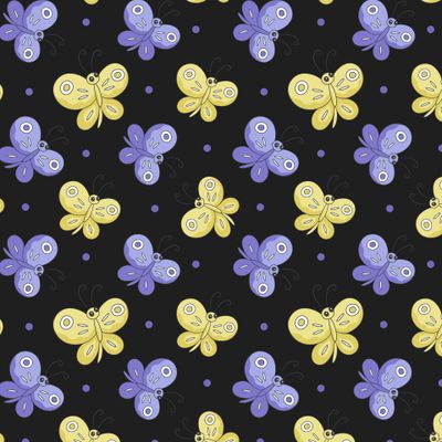 Желтые и фиолетовые бабочки на черном