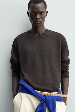 ZARA СВИТЕР ИЗ ХЛОПКА И ЛЬНА, КОРИЧНЕВЫЙ